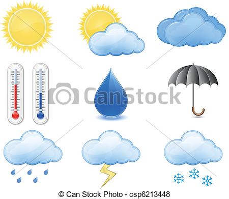450x391 Weather Forecast Icons. Outdoor Thermometer, Sun, Cloud, Vector