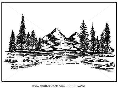 450x341 Mountain Lake Forest Pine Trees Rock Vector Illustration