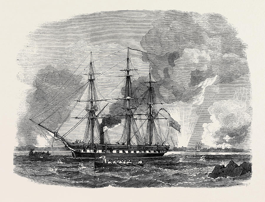 900x686 The Baltic Fleet The Amphion, 34 Gun Frigate Drawing By English School