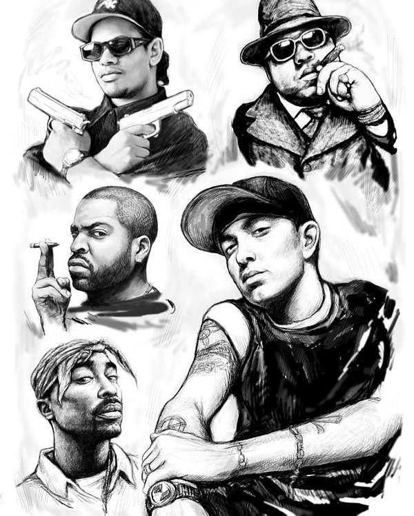 600x749 Eminem With Rap Stars Art Drawing Sketch Portrait Poster By Kim Wang