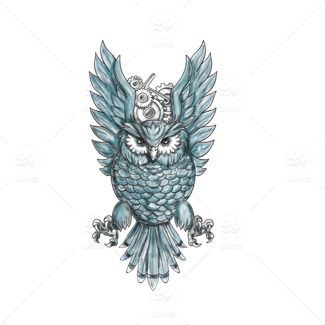 640x640 Tattoo Style Illustration Of An Owl Swooping With Clock Gears