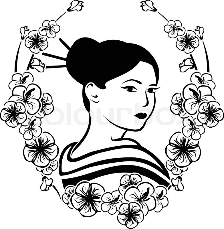783x800 Portrait Of A Geisha In A Wreath Of Cherry, Black Stencil Stock