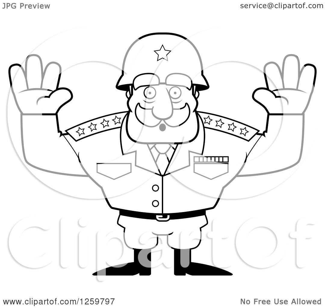 1080x1024 Clipart Of A Black And White Army General Man Surrendering Lineart