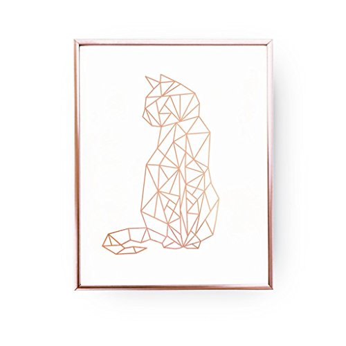 500x500 Cat Print, Geometric Cat, Cat Wall Art, Rose Gold Foil