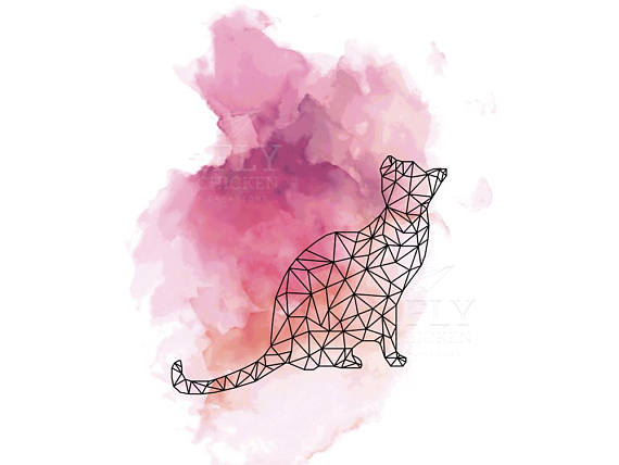 570x428 Watercolor Cat Painting Art Print Geometric Cat Silohuette
