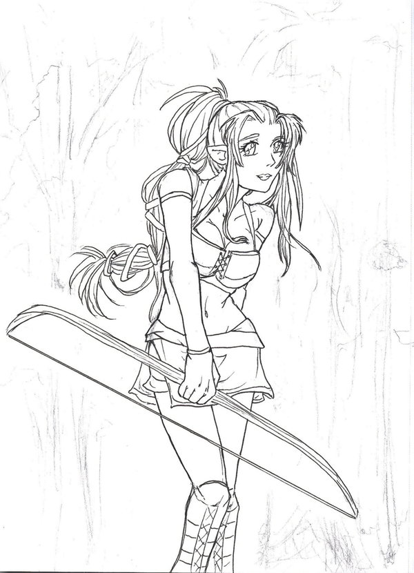 600x830 Archer Elf Girl Lineart By Skatora