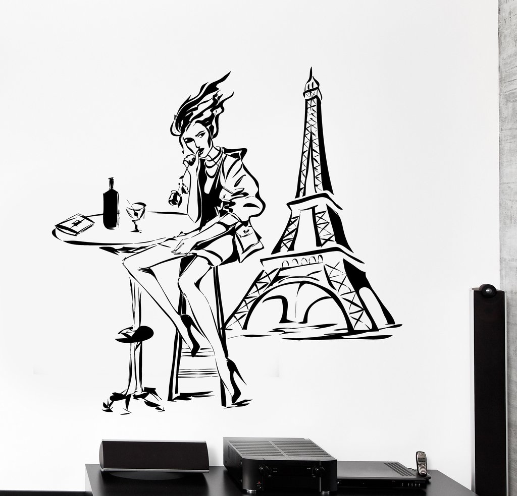 1024x984 Wall Vinyl Decal Girl Drinking In Paris Eiffel Tower France