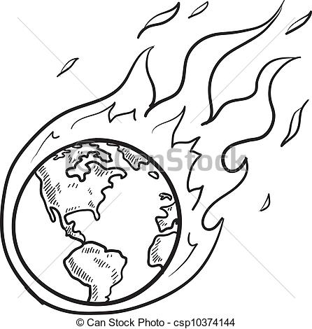 446x470 Global Crisis Sketch. Doodle Style Flaming Globe Illustration