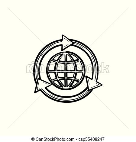 450x470 Globe In Circular Arrows Hand Drawn Sketch Icon. Globe In Arrows