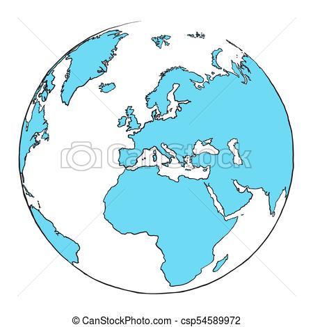 450x470 Outline Globe Focussed On Europe, Hand Drawn Outline Illustration
