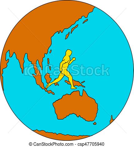 430x470 Marathon Runner Running Around World Drawing. Drawing Sketch Style