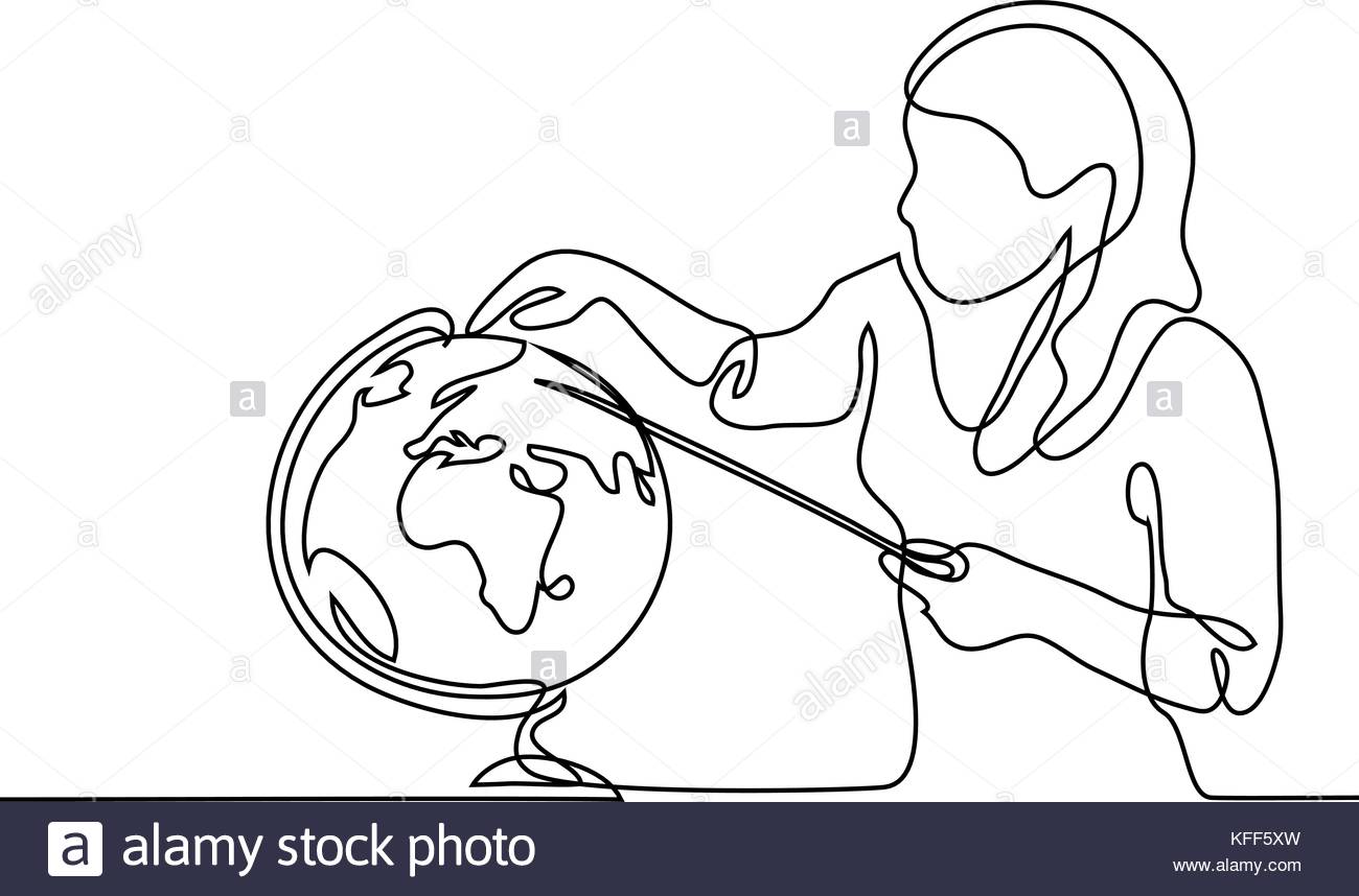 1300x858 Teacher With Pointer And Globe. Continuous Line Drawing Vector