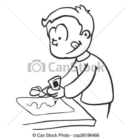 450x470 Simple Black And White Little Boy Gluing Paper Cartoon.
