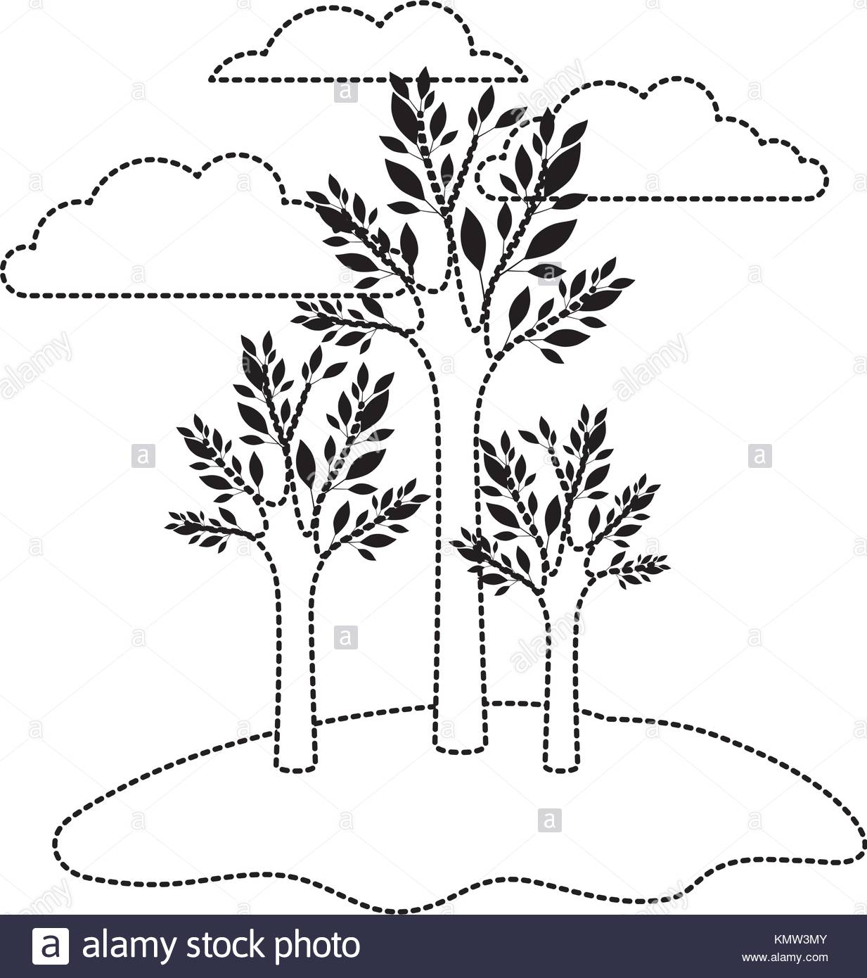 1233x1390 Trees Set In Grassland And Clouds In Background In Black Dotted
