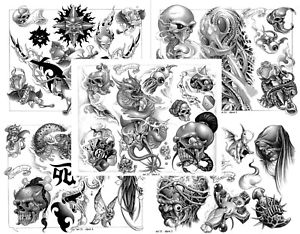 300x234 Ed Lee Tattoo Flash Set 5 Sheets 11x14 Fantasy, Skulls, Grayscale
