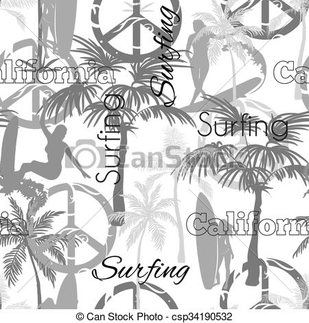 450x470 Vector Surfing California Grayscale Seamless Pattern Surface