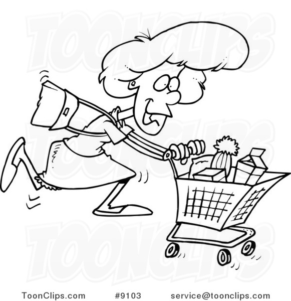 581x600 Cartoon Black And White Line Drawing Of A Grocery Shopping Lady