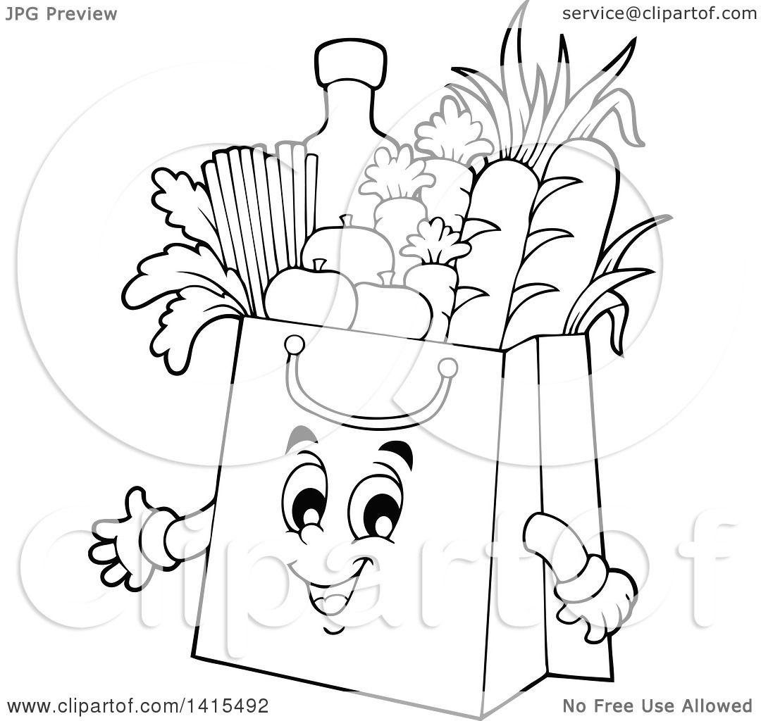 1080x1024 Clipart Of A Black And White Lineart Grocery Bag Character