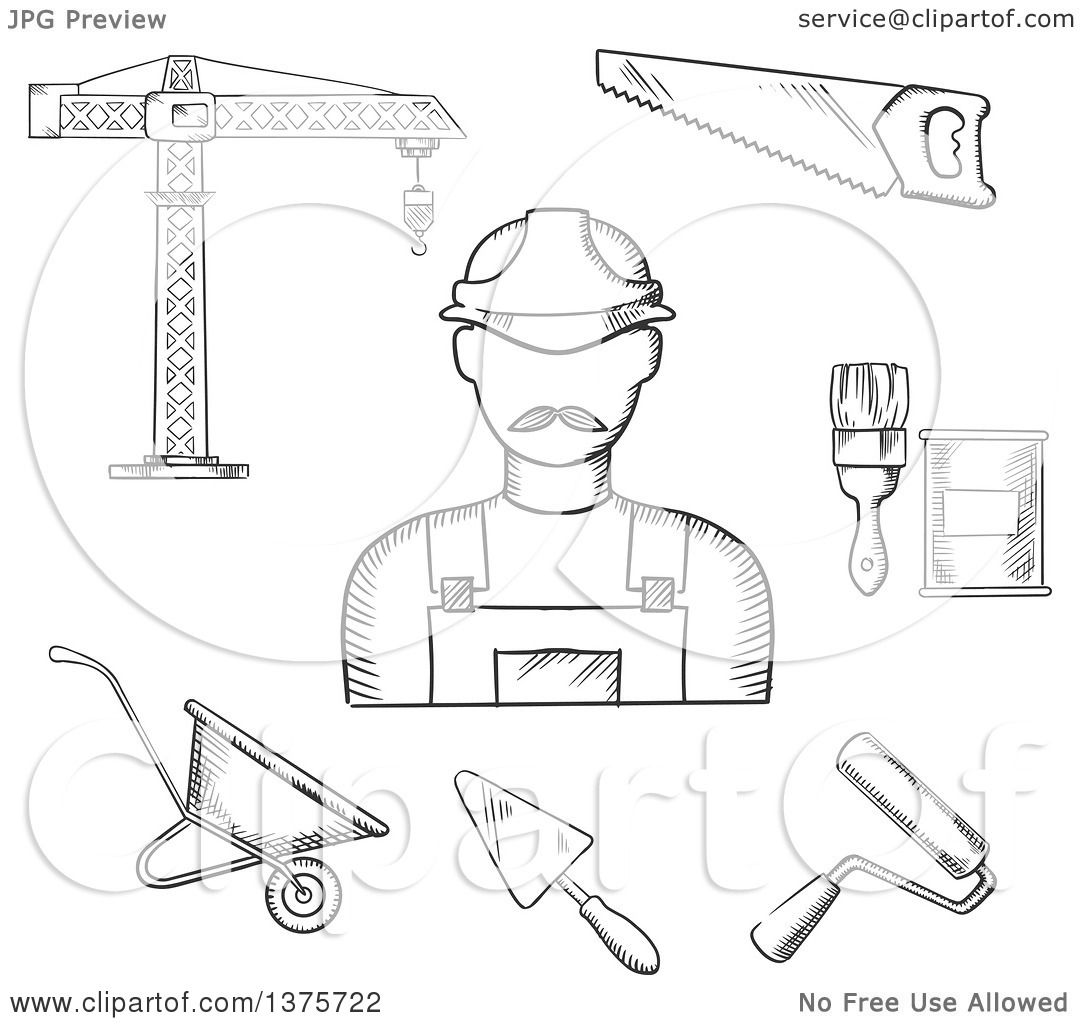 1080x1024 Clipart Of A Black And White Sketched Builder With Tower Crane