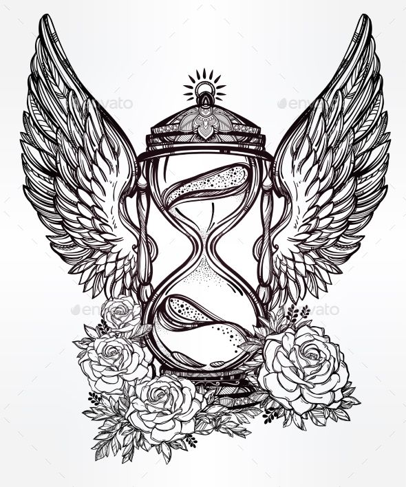 590x708 Collection Of Beautiful Winged Hour Glass And Rose Tattoos