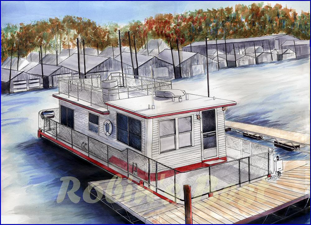1000x725 Colored Pen And Ink Drawing Of A Houseboat Docked In A Red Wing