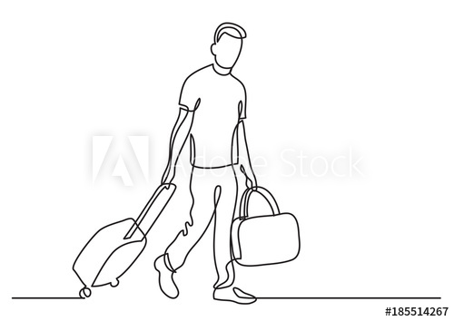 500x354 Continuous Line Drawing Of Traveler Walking Rolling Bag On Wheels