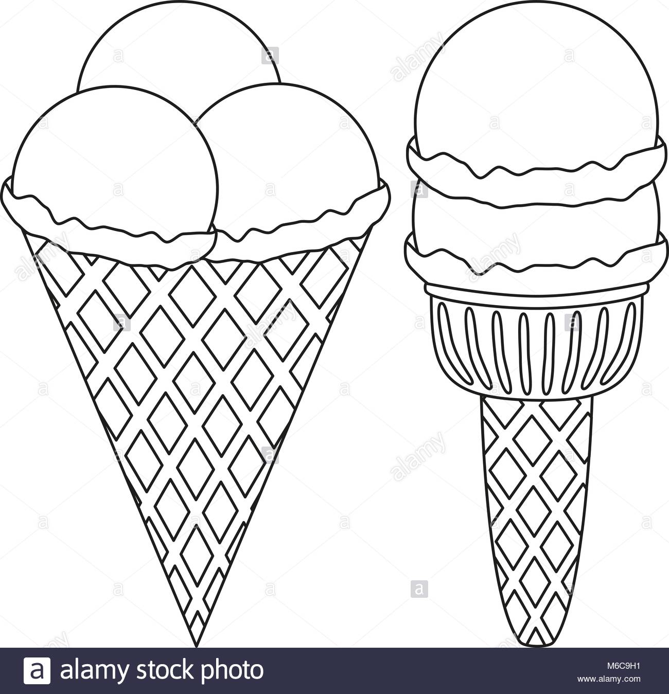 1300x1349 Line Art Ice Cream 2 3 Ball Cone Black And White Icon Set Stock