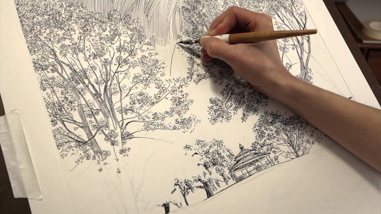 1280x720 Time Lapse Drawing Dip Pen, India Ink, Landscape