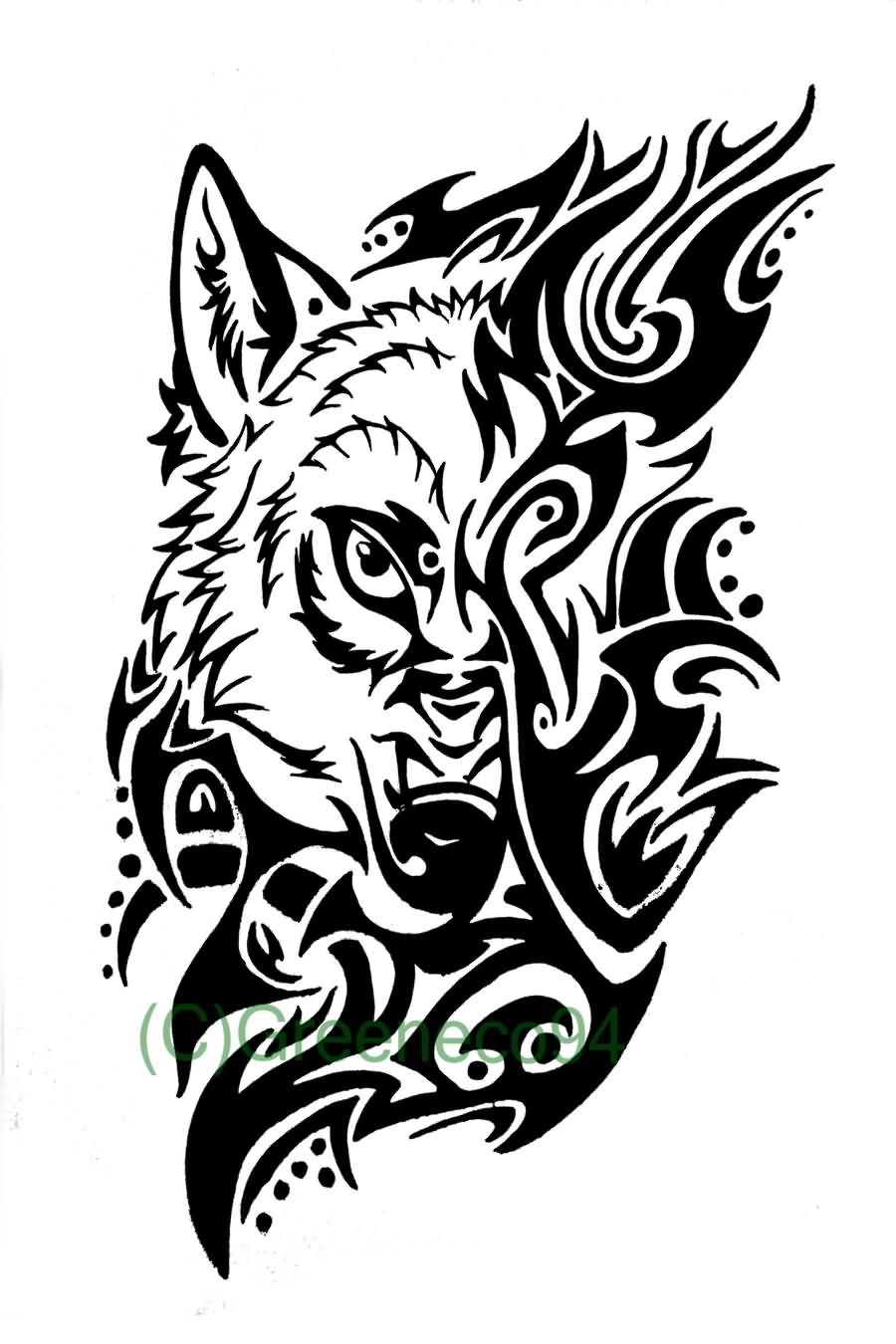 900x1350 Beautiful Tribal Wolf Tattoo Design By Greeneco94
