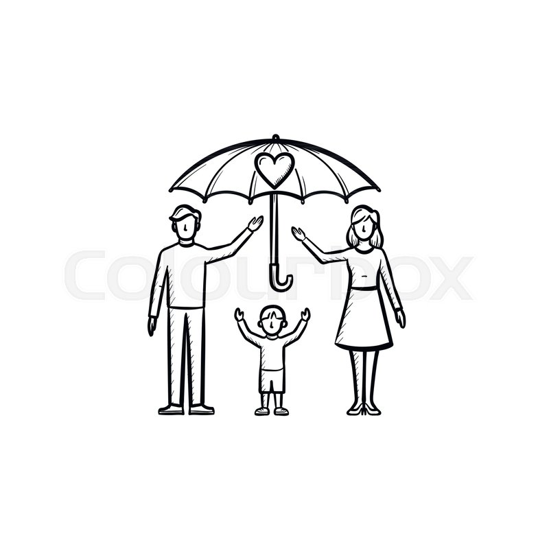 800x800 Family Insurance Hand Drawn Outline Doodle Icon. Umbrella Over