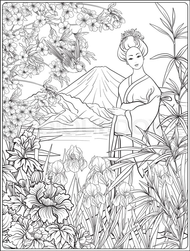 606x800 Japanese Landscape With Mount Fuji, Sea, And Japanese Woman Kimono