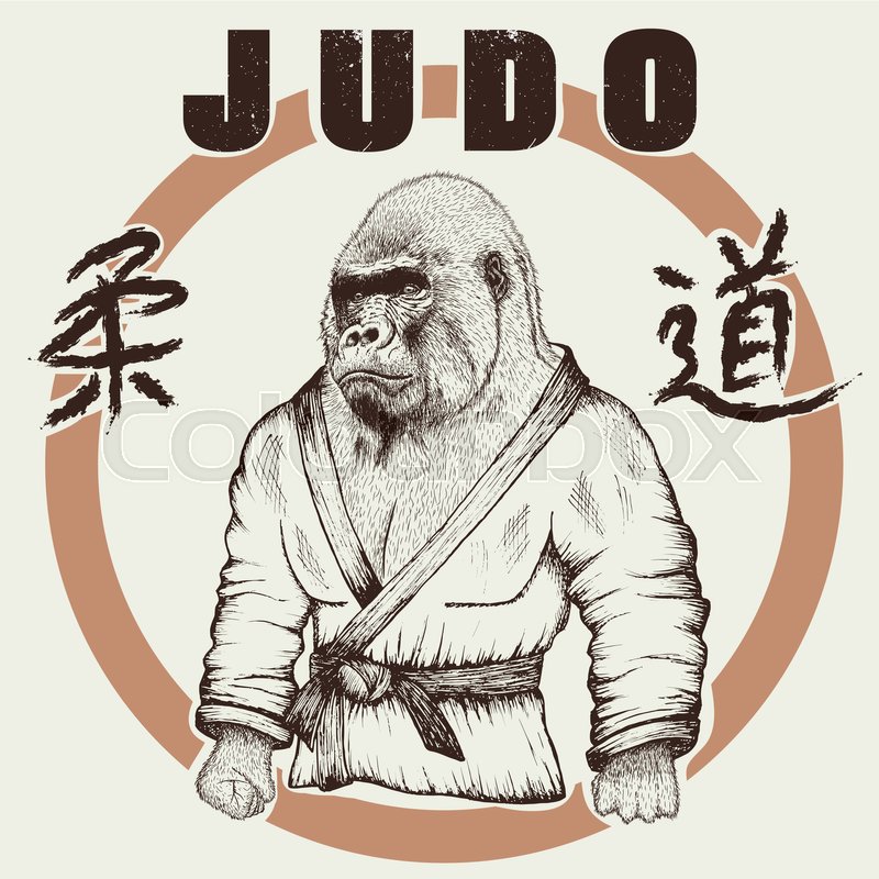 800x800 Judoka Gorilla Dressed In Kimono. Hand Drawn Style.label For Judo