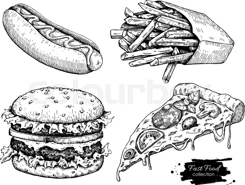 800x606 Vector Vintage Fast Food Drawing Set. Hand Drawn Monochrome Junk
