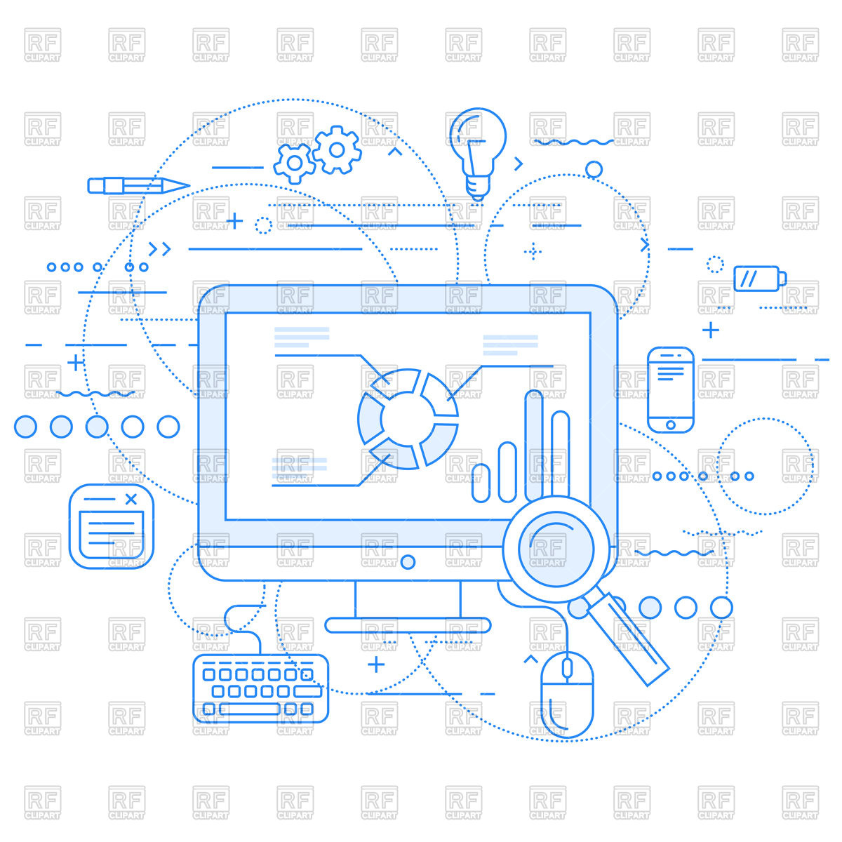 1200x1200 Web Analytics, Computer With Keyboard, Monitor And Mouse Vector