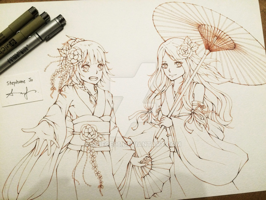 900x675 Kimono Girls (Lineart) By Spiece96