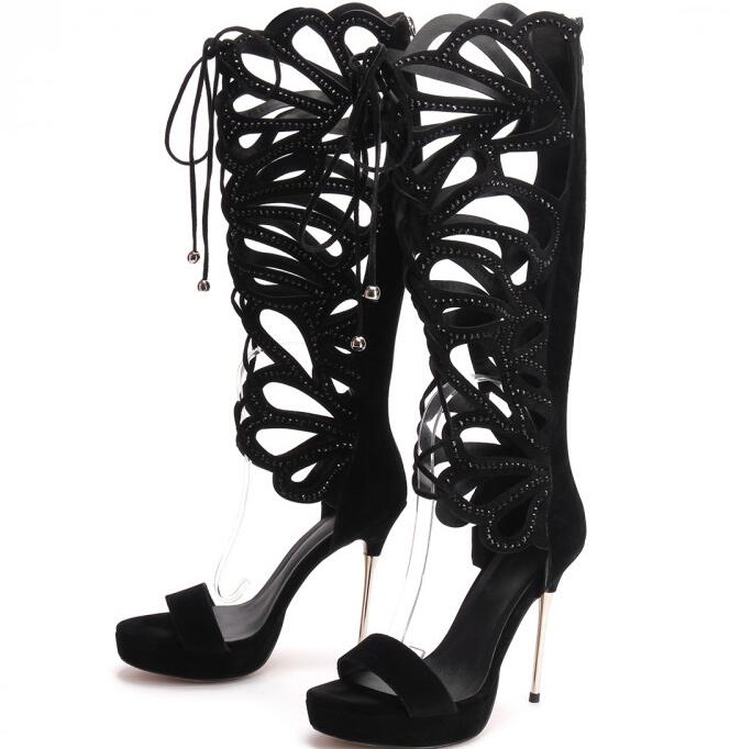 664x682 Metal Heel Crystal Straps Women Knee High Boots Open Toe Ladies