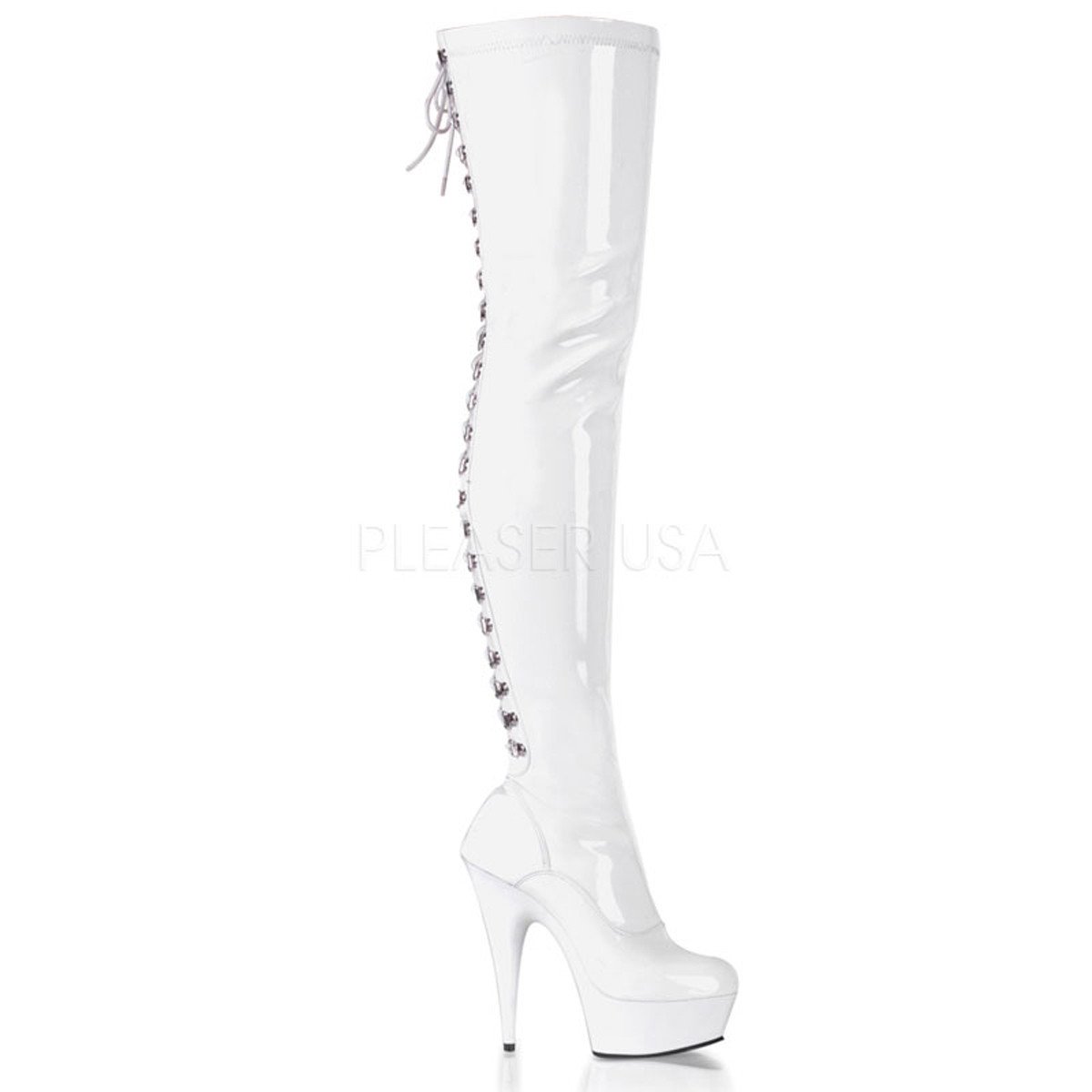 1200x1200 Pleaser Delight 3063 White Stretch Pat White Thigh High Boots