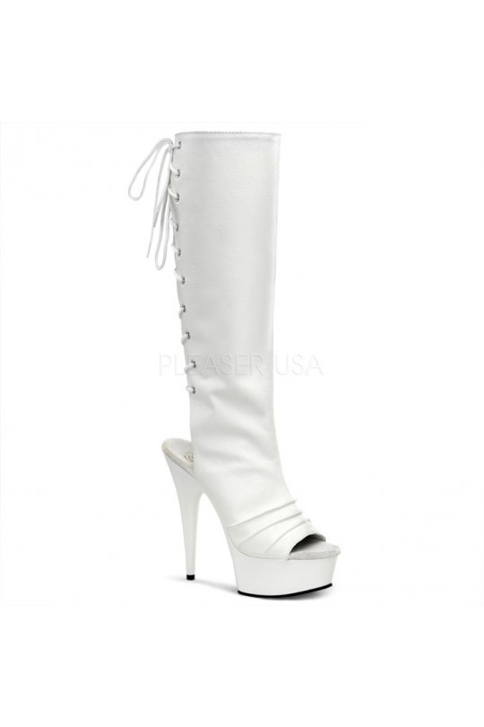 540x810 White Faux Leather Lace Up Peep Toe Knee High Boots Boots Catalog