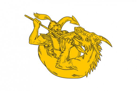 580x387 Knight Fighting Dragon Spear Drawing By Design Bundles