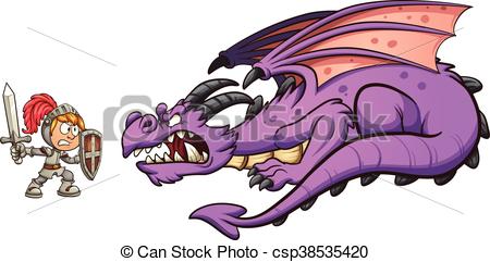 450x241 Knight Versus Dragon. Cartoon Knight Fighting A Dragon . Vector