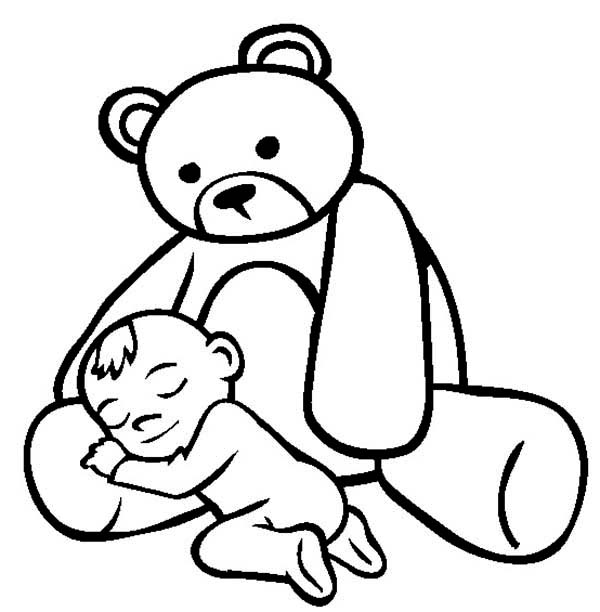 600x612 Baby Asleep In The Lap Of Teddy Bear Coloring Page Color Luna