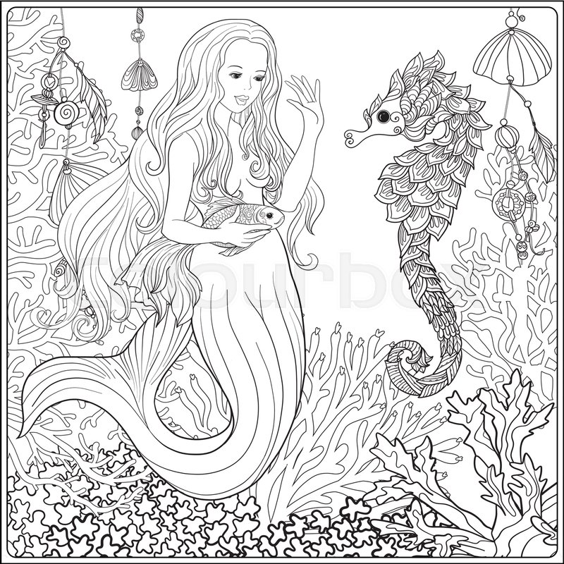 800x800 Hand Drawn Mermaid With Gold Fish In Underwater World. Linen Color