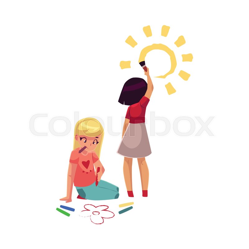 800x800 Two Little Girls Drawing Standing And Sitting On Floor, Cartoon