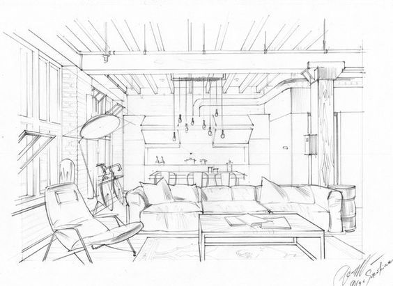 564x411 Interior Drawing. One Point Perspective. Interior Sketching, Hand