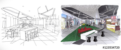 500x209 Outline Sketch Drawing And Paint Of A Interior Space, Lounge