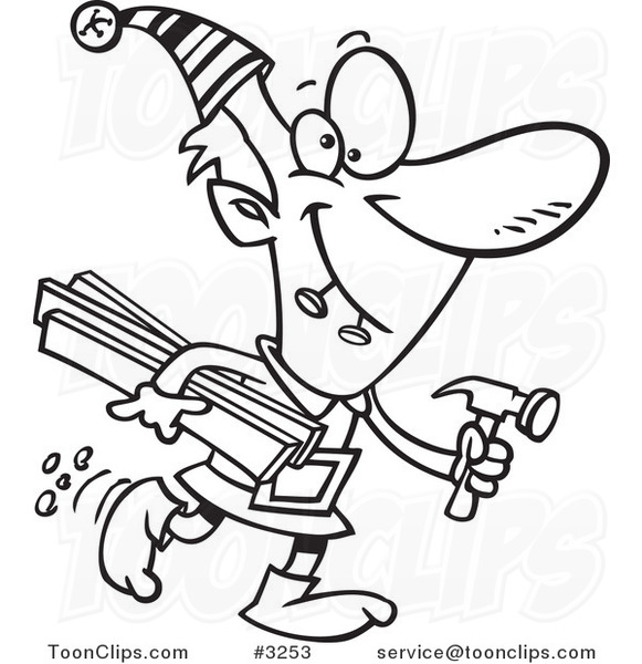 581x600 Cartoon Black And White Line Drawing Of A Christmas Elf Carrying
