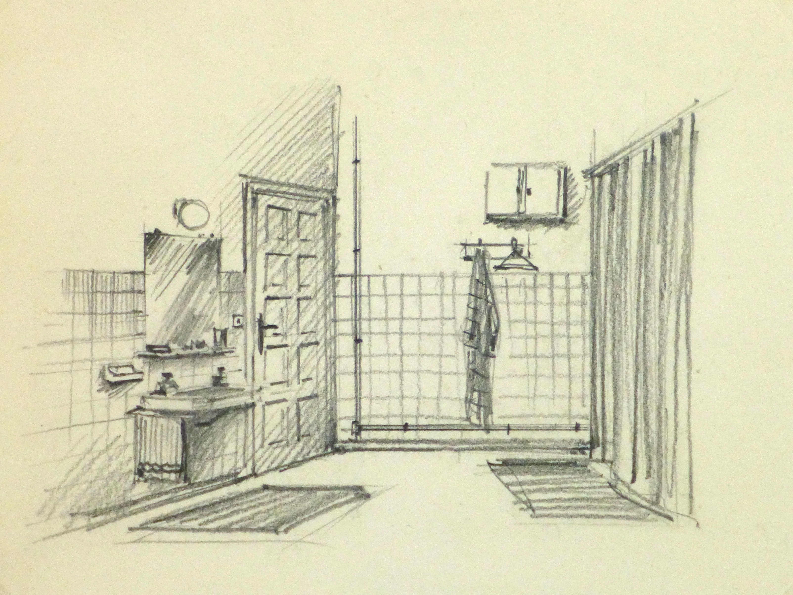 3208x2408 Pencil Drawing Bathroom Interior, Circa 1950