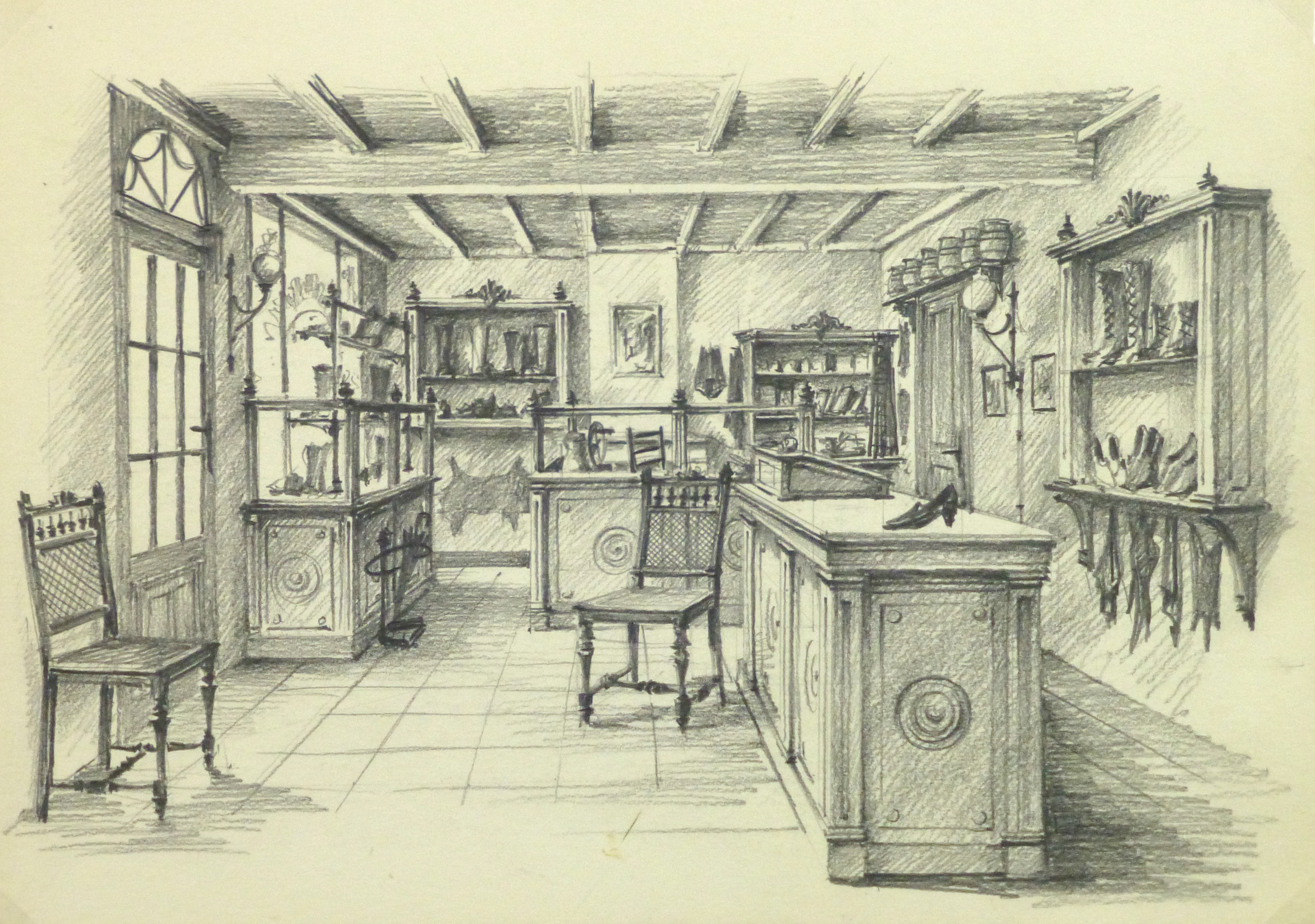 3735x2625 Pencil Drawing Belgium Shoe Shop, Circa 1950