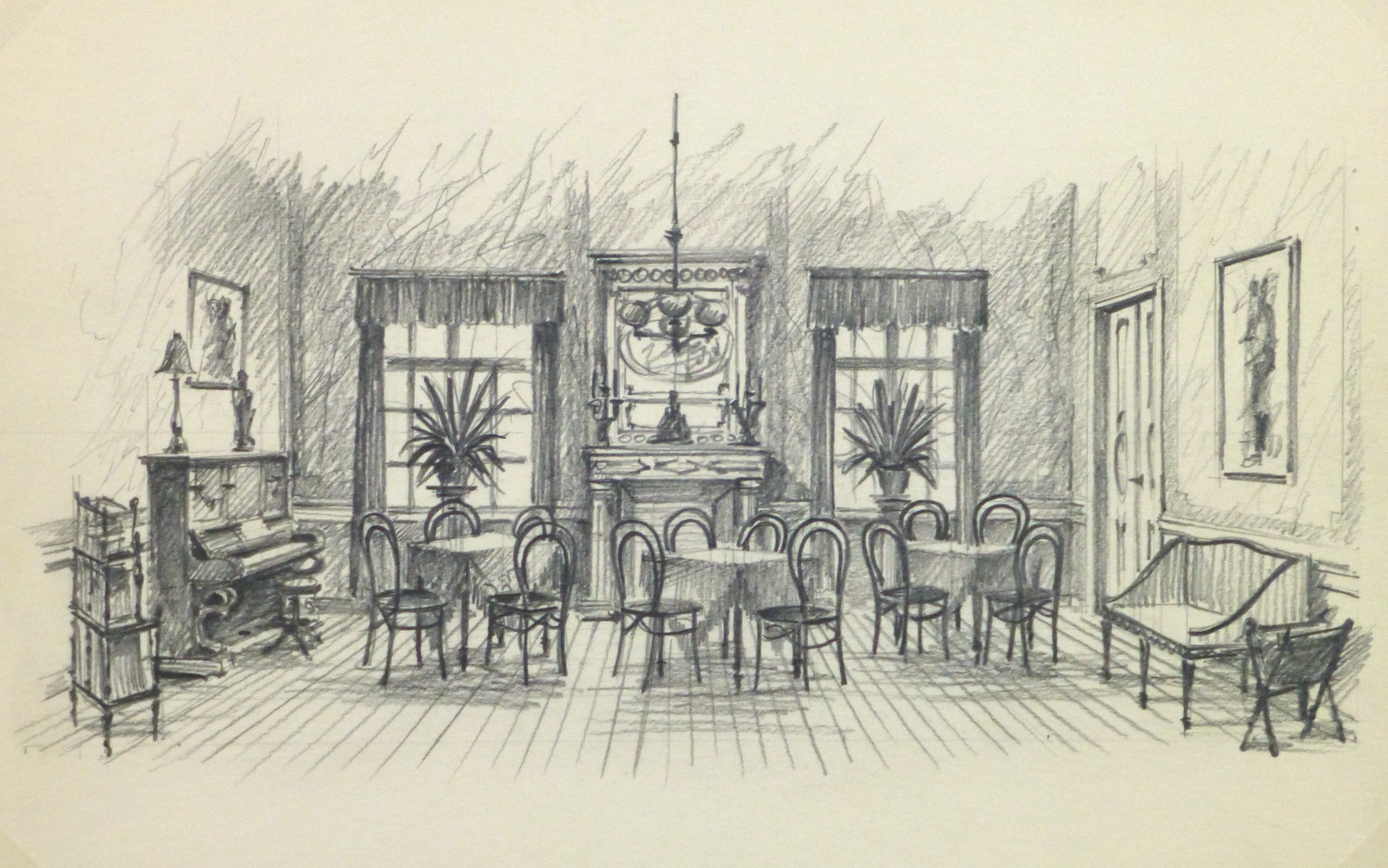 3834x2397 Pencil Drawing Dining Room, Circa 1950