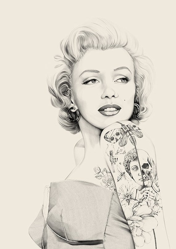 570x807 Poster Marilyn Monroe Inked Tattoo Art Print Portrait Drawing